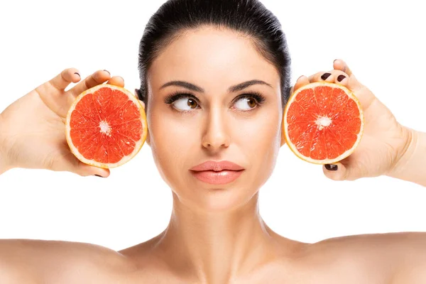 Healthy Food Concept Beautiful Young Woman Holding Piece Grapefruit Close — Stock Photo, Image