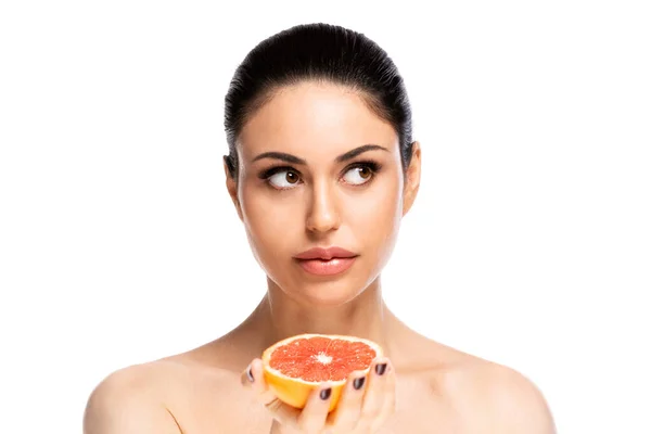 Healthy Food Concept Beautiful Young Woman Holding Piece Grapefruit Isolated — Stock Photo, Image