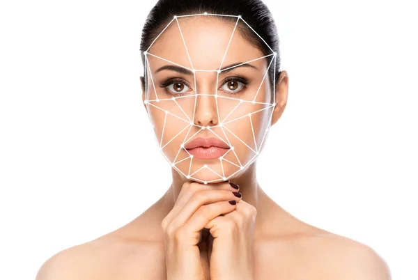 Begreppet Biometrisk Autentisering Ansiktsigenkänning System Vacker Kvinna Vit Bakgrund Royaltyfria Stockfoton