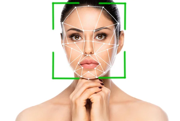 Concetto Autenticazione Biometrica Sistema Riconoscimento Facciale Bella Donna Sfondo Bianco — Foto Stock