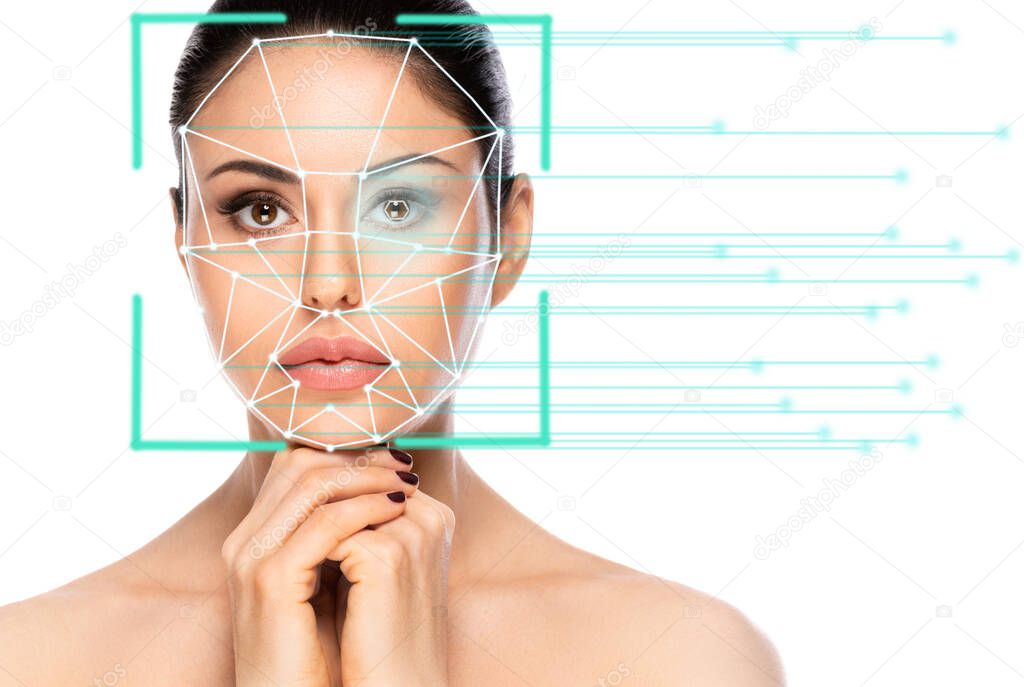 Biometric authentication concept. Facial recognition system of beautiful woman on white background