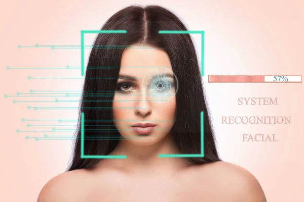 Koncept Biometrické Autentizace Systém Rozpoznávání Obličeje Krásné Brunetky Žena Růžovém — Stock fotografie