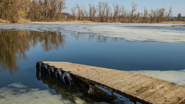Güneşli bir günde eriyen buzla dolu bir nehir ve ahşap iskele. Kırsal kesimde. Mart ayının başında. Web pankartı.