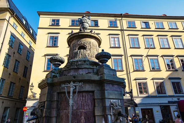 Stockholm Schweden Juli 2019 Wasserspeier Brunnen Stortorget Platz Stockholms Altstadt — Stockfoto