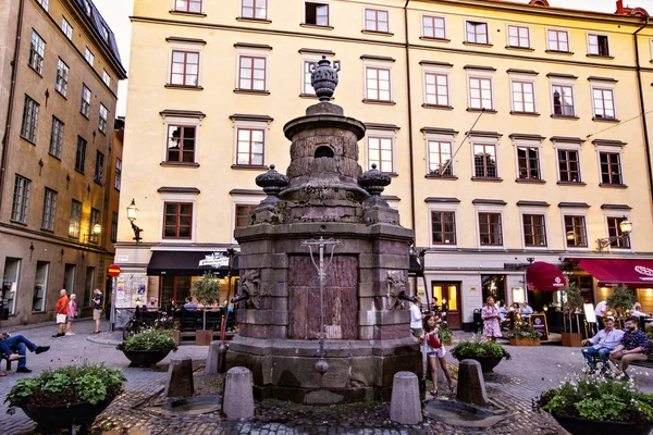 Stockholm Schweden Juli 2019 Wasserspeier Brunnen Stortorget Platz Stockholms Altstadt — Stockfoto