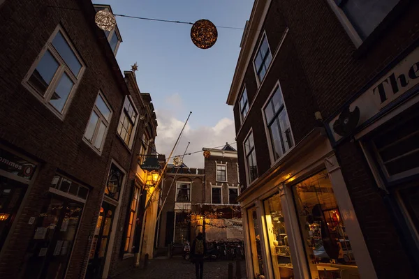 Лиден Нидерланды Декабрь 2019 Года Ночной Вид Город Лейден Уличное — стоковое фото