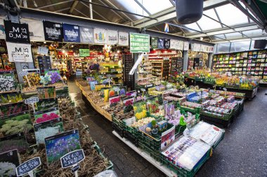 Amsterdam, Hollanda - Aralık 2019: Amsterdam şehir merkezinde geleneksel çiçek pazarı
