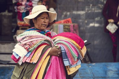 La Paz, Bolivya - Ocak 2020: Bolivya 'nın La Paz şehrinde geleneksel elbise (Chilitas) giyen Bolivyalı kadın. Bolivya halkı.