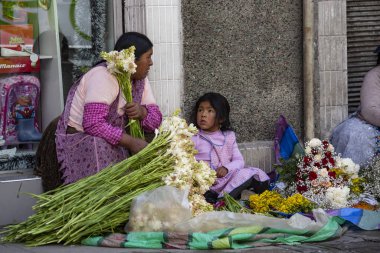 LA PAZ, BOLIVIA - Ocak 2020: La Paz, Bolivya caddesindeki açık hava çiçekçisi. Kızı olan Bolivyalı kadın La Paz, Bolivya 'da çiçek satıyor.