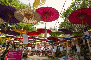 Chiang Mai, Tayland - Mart 2019: Chiang Mai, Tayland 'da geleneksel el yapımı şemsiyeler