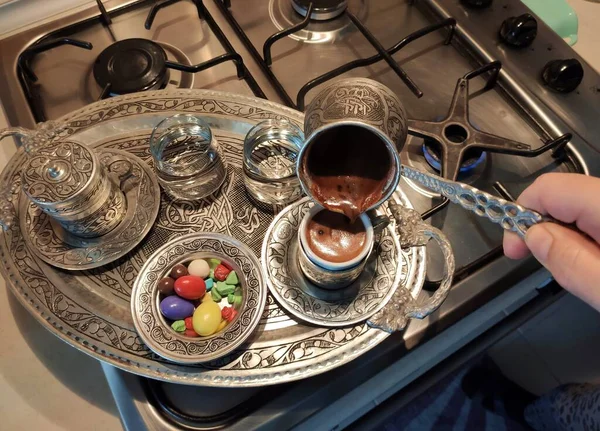 Delicious Traditional Turkish Coffee Its Cooking Presentation — Stock Photo, Image