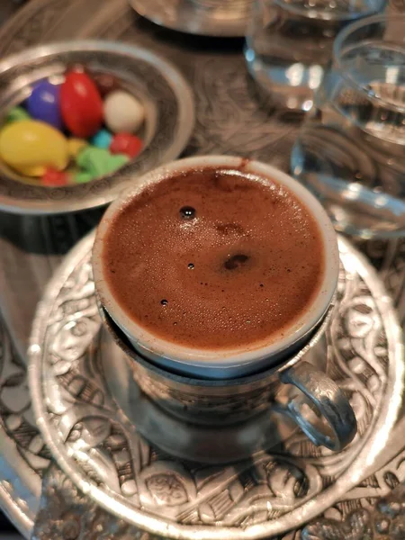 Delicious Traditional Turkish Coffee Its Cooking Presentation — Stock Photo, Image