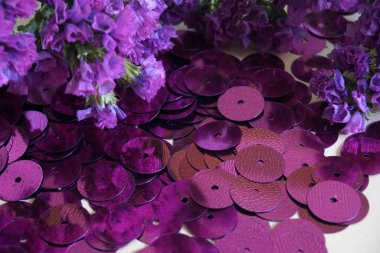 Mor yuvarlak pullar ve mor kurumuş çiçekler..