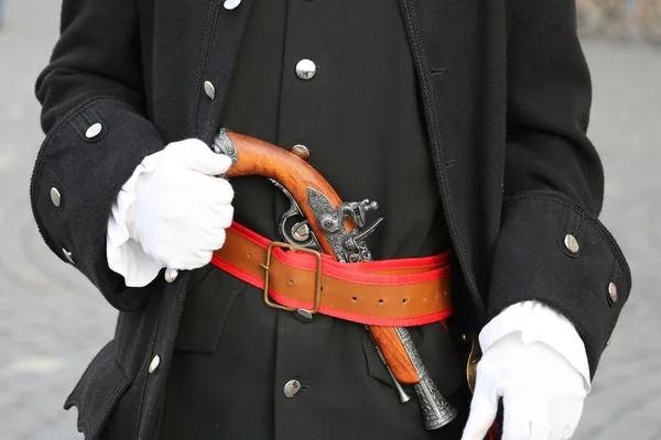 Detalhes de vestuário militar usado para a mudança dos guardas em Union Square Timisoara uma reencenação teatral de um evento histórico — Fotografia de Stock