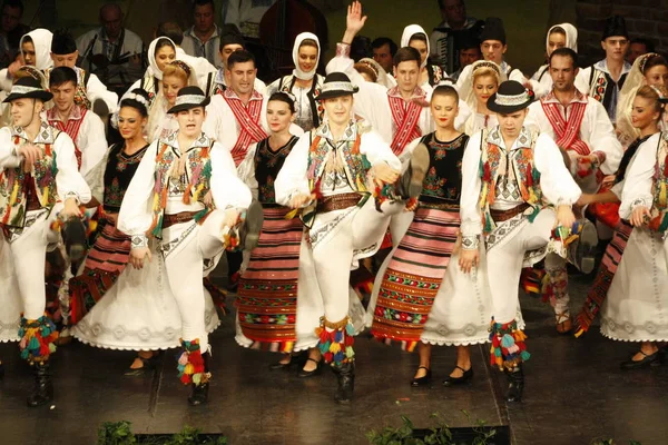 TIMISOARA, ROMANIA- 12. 10.2014 Romanian dancers in traditional costume, perform a folkore traditional dance. — Stok fotoğraf