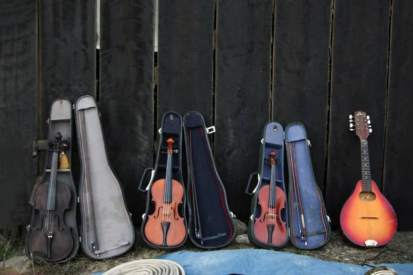 Відкриті Випадки Скрипки Демонстрації Старовинних Скрипок Продаж Вінтажний Музичний Інструмент — стокове фото