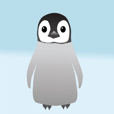 İmparator pengueninin bir civcivinin dijital vektör çizimi. Yavru düz bir arazide tek başına duruyor ve doğrudan sana bakıyor. Manzara buz mavisi bir eğimdir. Güzel resim..