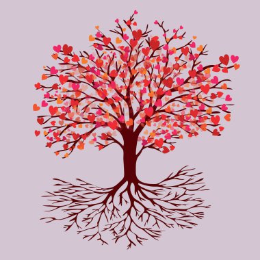 Kalp şeklinde kırmızı çiçek yaprakları olan PrintA hayat ağacı. Tüm renkler kırmızı, pembe ve turuncu.