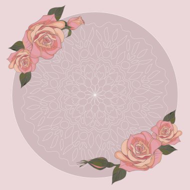 Kart şablonları el çizimi çay gülleri ve mandala dantel çizimi ile dekoratif tasarım