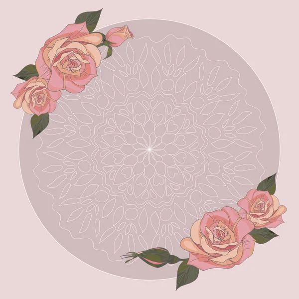 Modelli di carte design decorativo con rose di tè colorate disegnate a mano e mandala pizzo vettoriale illustrazione — Vettoriale Stock