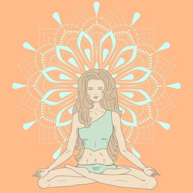 Yoga meditasyonu nilüfer çiçeği pozu, mandala arka planında yogin kız, turuncu, nane rengi vektör çizimi