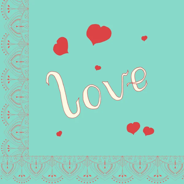 Red lace frame decor with floral motif and hand written lettering word love and hand drawn heart greeting valentine card vector illustration — Stock Vector