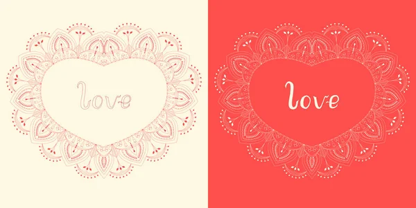 Pink red lace heart with floral motif and hand written lettering word love on red and rose cream background greeting valentine card vector illustration — Stock Vector