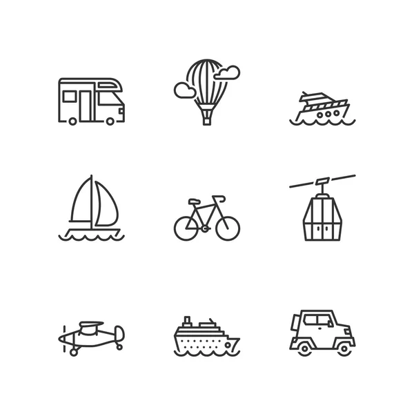 De pictogrammen van de lijn. Vrijetijdsbesteding en vervoer. Platte symbolen — Stockvector