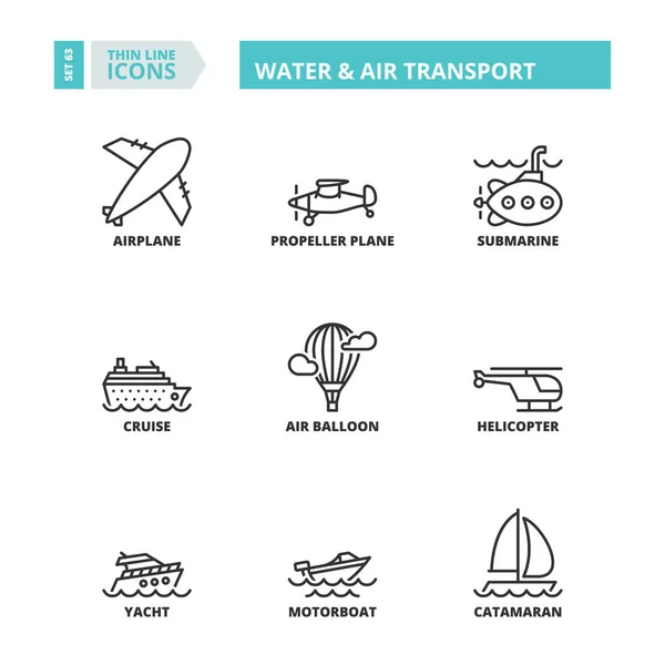 Iconos de línea delgada. Agua y transporte aéreo — Archivo Imágenes Vectoriales