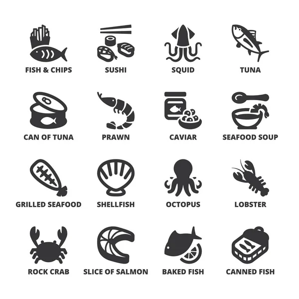 Fisk och skaldjur platt symboler. Svart — Stock vektor