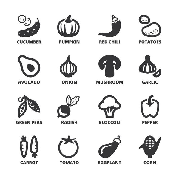 Vegetables flat symbols. Black