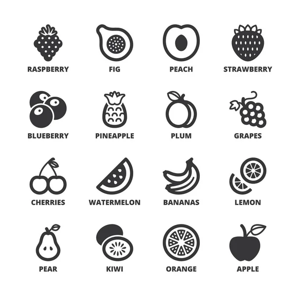 Fruta símbolos planos. Negro — Vector de stock