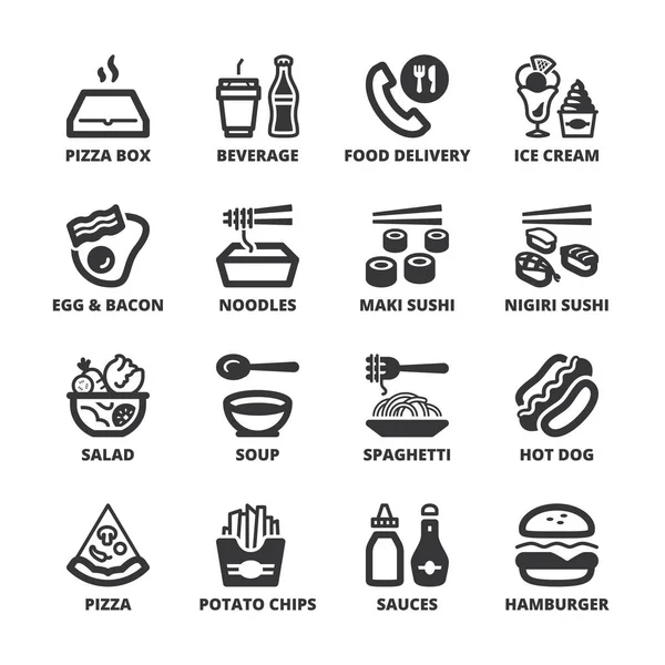 Comida rápida y comida chatarra símbolos planos. Negro — Vector de stock