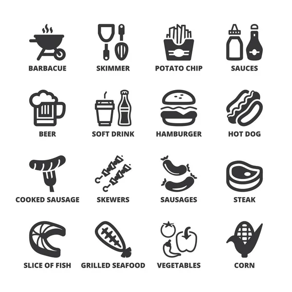 Simboli piatti barbecue. Nero — Vettoriale Stock
