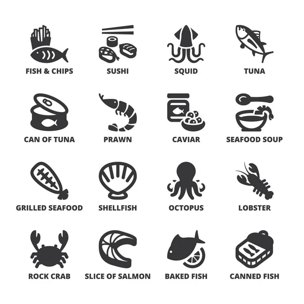 Seafood flat symbols. Black — Stock Illustration Seafood flat symbols. Black Stock Vector