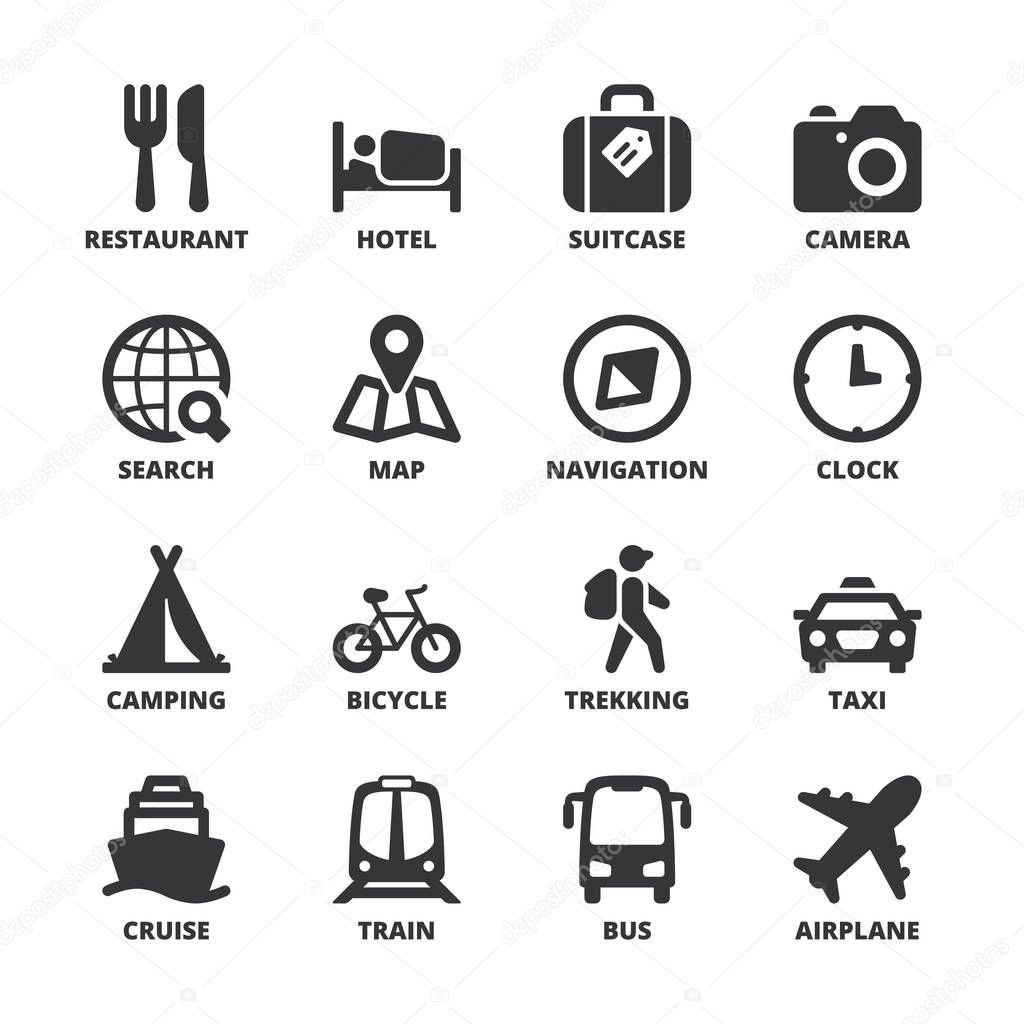 Travel flat symbols. Black — Stock Vector © spiral_media #132148000
