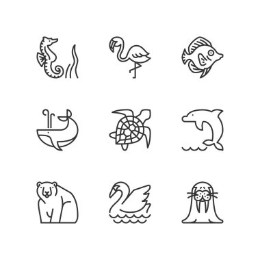 Satır simgeler. Hayvanlar ve su. Düz sembolleri