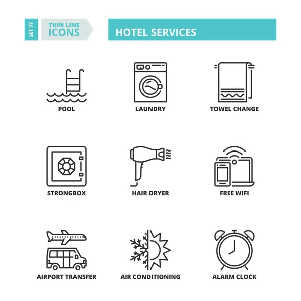 Iconos de línea delgada. Servicios hoteleros — Vector de stock