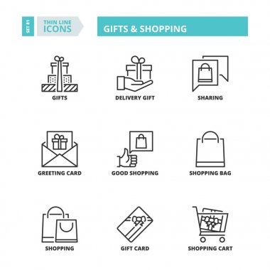 İnce çizgi simgeler. Hediyeler ve alışveriş