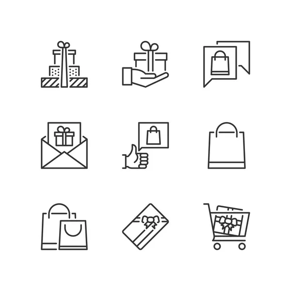 Overzicht pictogrammen. Geschenken en winkelen — Stockvector