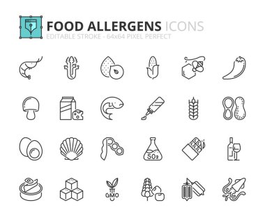 Gıda alerjileri hakkında basit taslak simgeleri. Yiyecek ve içecek.