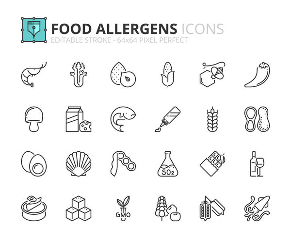 Simple set of outline icons about food allergens. Food and drink