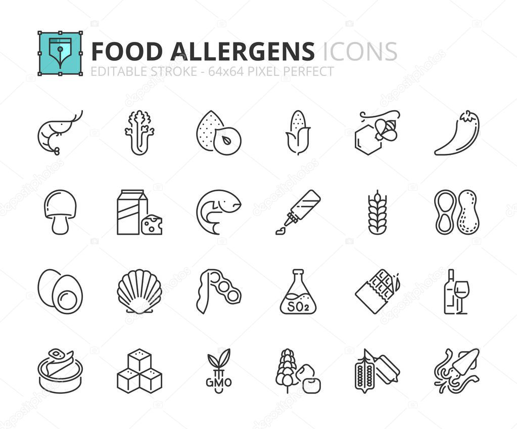 Simple set of outline icons about food allergens. Food and drink