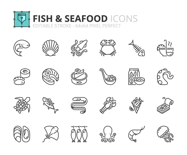 Conjunto simple de iconos de esquema sobre pescados y mariscos — Archivo Imágenes Vectoriales