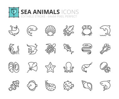 Deniz hayvanlarıyla ilgili basit taslak simgeleri. Deniz dünyası.