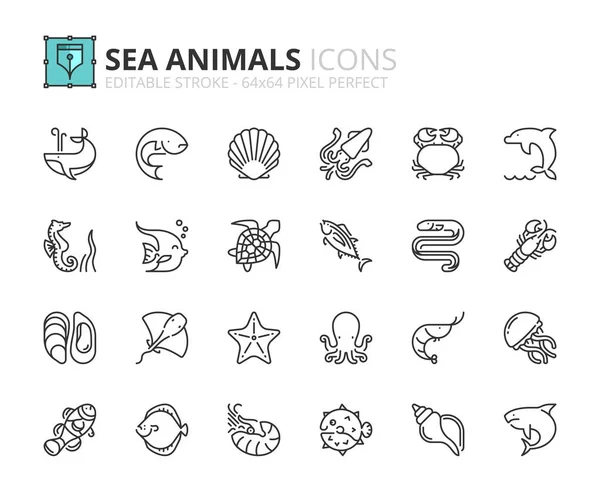 Simple set of outline icons about sea animals. Sea world. — 스톡 벡터