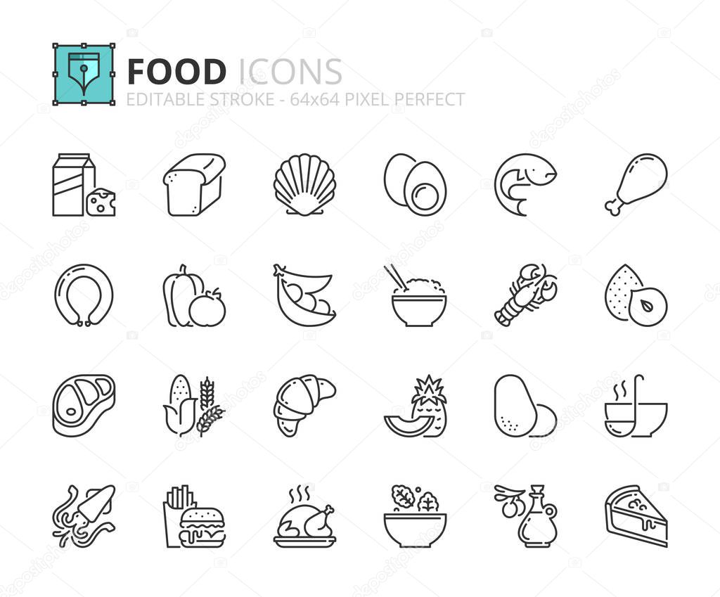 Simple set of outline icons about Food. Fruit and vegetables, pr