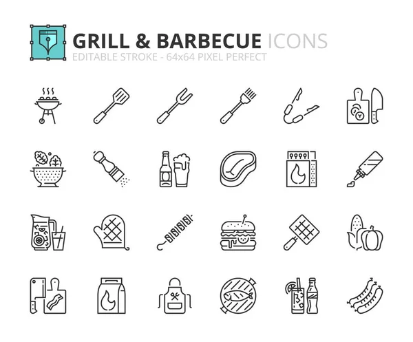 Conjunto simple de iconos de contorno sobre la comida y la bebida. Parrilla y barbacoa — Archivo Imágenes Vectoriales