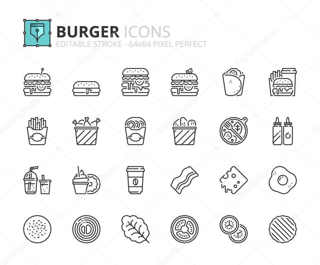 Simple set of outline icons about Food and Drink. Burger