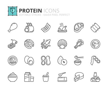 Proteinler hakkında taslak simgeler. Et, balık, deniz ürünleri, baklagiller, fındık, yumurta ve süt ürünleri. Sağlıklı yiyecekler. Düzenlenebilir vuruş 64x64 piksel mükemmel.
